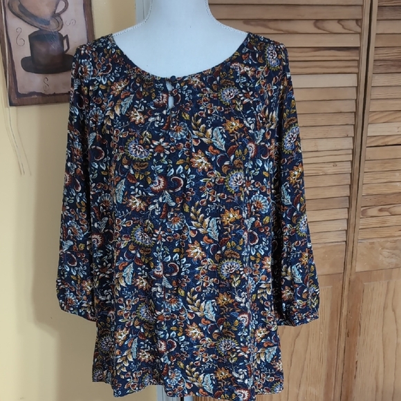 Christopher & Banks Fall Floral Pullover Blouse - Navy and Orange M - Picture 1 of 11